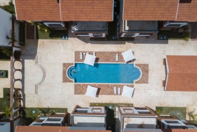 Coral Village sky view of swimming pool rendering